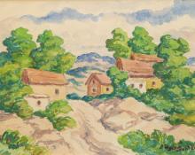 Sven Birger Sandzen, "Untitled (Hills and Houses)", watercolor on paper, c. 1945 painting for sale