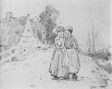 Eanger Irving Couse, "Untitled (Two Girls)", graphite on paper, c. 1910, ei couse, e.i. couse