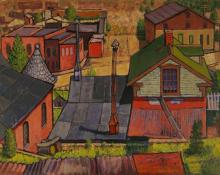 Paul Kauvar Smith, "Untitled (Rooftops of a Mining Town)", oil, c. 1950