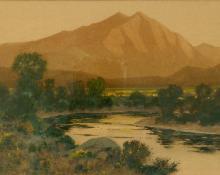 Charles Partridge Adams, "Sunset Glow on Mt. Sopris outside Glenwood Springs, Colorado", watercolor on paper, 1900 painting for sale