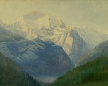 George Elbert Burr, "The Jungfrau, from Isenfluh, Dawn", watercolor, 1911 painting for sale
