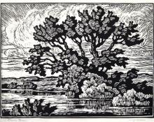 sandzén, Sven Birger Sandzen, "Prairie Stream (Pond with Willows), 4 editions printed", lithograph, c. 1939-1951