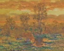 Charles Partridge Adams, "Autumn Sunset Near Denver, Colorado", mixed media, c. 1900 painting for sale
