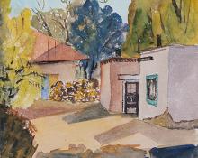 Dorothy Alden Morang, "Unitled (Adobes, Santa Fe, New Mexico)", watercolor on paper, 1943