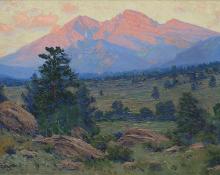 Charles Partridge Adams, "Sunrise Light on Longs Peak, Estes Park Colorado", oil, c. 1930