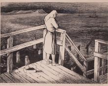Jenne Magafan, "Woman at the Pier (San Francisco, California)", lithograph, 1943 for sale purchase consign auction denver Colorado art gallery museum