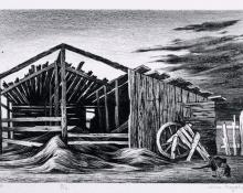 Jenne Magafan, "Old Shed, 11/12", lithograph, 1938 for sale purchase consign sell auction art gallery museum denver colorado broadmoor academy woodstock