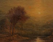Henry Arthur Elkins, "Evening Glow - Western Landscape with Campfire", oil, circa 1880