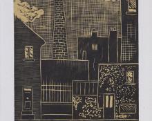 Hilaire Hiler, "Smokestack", linoleum cut print linocut painting fine art for sale purchase buy sell auction consign denver colorado art gallery museum  new mexico artist