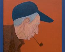 Margo Hoff, painting for sale, Portrait of Man Smoking a Pipe with Orange Background, acrylic, casein, graphite, masonite, blue, brown, gray, figurative, woman artist, chicago, female