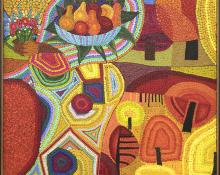 Edward Marecak, "Demeter", oil painting, 1970, vintage, art for sale, greek mythology, fruit, abstract, trees, female figure, denver art, orange, yellow, green, blue, red, brown