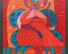 Edward Marecak, She Who Must Be Obeyed, oil, painting, 1981, modernist, midcentury, modern, abstract, Art, for sale, Denver, Colorado, gallery, purchase, vintage, female, figure, figurative, red, orange, blue, pink