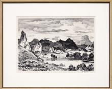 Adolf Dehn, "Lake in the Garden of the Gods", vintage, Colorado, art for sale, lithograph, 1949, wpa era, print, broadmoor academy, Associated American Artists