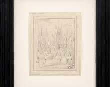 Charles Bunnell vintage art for sale, Forest Interior, Aspen and Pine Trees, colorado, graphite drawing, sketch, September 29th, 1939, broadmoor academy, wpa era