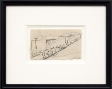 Charles Bunnell art for sale, vintage 1930s, Mining Carts, ore, colorado, ink, drawing, painting, circa 1935, broadmoor academy, wpa era