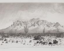 George Elbert Burr, "Superstition Mountain, Apache Trail, Arizona", etching painting fine art for sale purchase buy sell auction consign denver colorado art gallery museum 