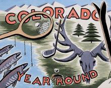 Arnold Ronnebeck, "Colorado Year Round", gouache, circa 1933, Vintage illustration art for sale, Colorado tourism, Skiing, Fishing, Tennis, Golf, Hunting. 