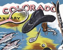 Arnold Ronnebeck, "Colorado Sports", circa 1933 vintage original painting illustration art ski colorado, snow, mountain, ice fishing, golf, tennis, cowboy hat january vintage art for sale