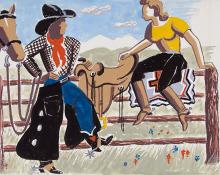 Arnold Ronnebeck cowgirls painting for sale, "Colorado #2", gouache, circa 1933