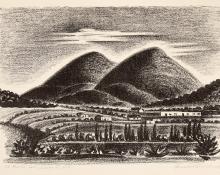 Arnold Ronnebeck, "El Monte Sol, Santa Fe, New Mexico", vintage lithograph for sale, 1927, print, black and white, mountain, adobe