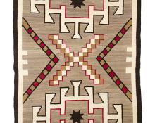 Navajo Rug, Trading Post, vintage, 1930s, geometric pattern in white/ivory, black/brown and aniline-dyed red, wool area rug