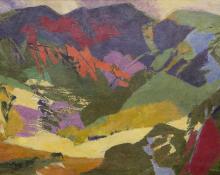 abstract mountain landscape, original framed oil painting 1970s oil painting, mid century landscape broadmoor academy artist