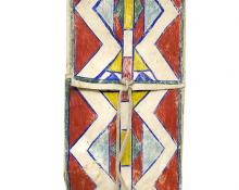 Antique Parfleche Envelope for sale, Crow, Native American, Plains Indian, Abstract, art, painting, vintage, red, blue, green, yellow, zig-zag, hourglass, wall hanging