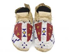 Cheyenne Moccasins for sale, antique, Plains Indian, native american, art, Beadwork, Beaded, 19th century, 1880, buffalo tracks, cross, red, white-heart, yellow, blue, white, hide, vintage, authentic, clothing