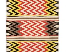 Vintage Navajo rug, for sale, area rug, 1930s, trading post, southwestern, zig-zag, stripes, wool, white, ivory, brown and black, aniline dyed, red, yellow