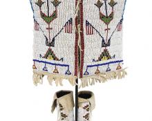 Antique, Sioux, Plains, Beadwork, Childs Outfit, Infant Beaded Vest, High Top Moccasins, native american, indian, american indian, pictorial, 19th century, flags, bead, hide, fringe, white, red, blue, yellow, green 