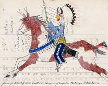 James Black, ledger art, drawing, "Cheyenne Warrior on Horseback with Horned Bonnet", 2020, contemporary native american art for sale