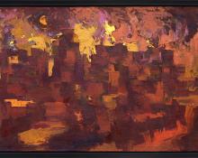 Howard Cook, vintage painting for sale, abstract, Taos Pueblo, Firelight, New Mexico, oil, circa 1950-1970, mid-century modern, art, red, orange, yellow, mustard, black