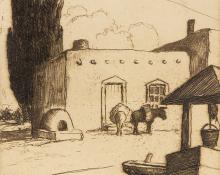 Will Shuster, La Noria, Well, Adobe House, Trees and Sky, New Mexico, etching, 1929, vintage, art for sale, print, black and white, los cinco pintores, santa fe, taos 