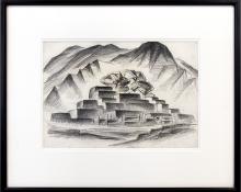 Arnold Ronnebeck, "Taos Pueblo (New Mexico)", graphite drawing for sale, vintage art, circa 1925, black and white, mountains, adobe, landscape
