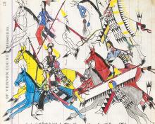James Black, "War Party Scene", mixed media, 2021, ledger drawing