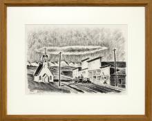 Arnold Ronnebeck, Colorado Mining Town; Fairplay, 8/25, lithograph, 1933, vintage art for sale, denver artists guild, mountain church, black & white 