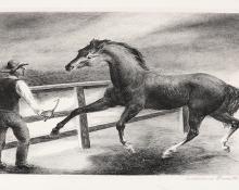 Lawrence Barrett, "Untitled (Rancher and Horse)", signed original lithograph print