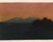 George Elbert Burr, Spanish Peaks , Colorado, aquatint etching, circa 1930, engraving, fine art, for sale, denver, gallery, colorado, antique, buy, purchase