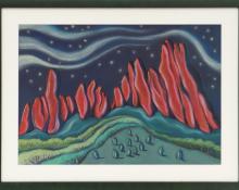 Sushe Felix, Garden of the Gods, Colorado, Modernist, Landscape, painting, pastel, 1987, 1980s, 20th century, woman, female, artist, red, green, blue, Vintage, Fine art, for sale, purchase, gallery, museum, Denver, Colorado 