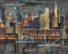 Charles Bunnell painting for sale, New York, mid-century modern, Skyline, hudson river, manhattan, boats, evening, night, cityscape, charles ragland bunnell    