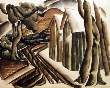 Frances Marian Cronk, "Untitled (Two Houses)", watercolor on paper, 1932