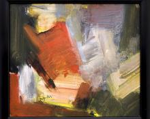 Charles Ragland Bunnell, Abstract Expressionist Painting for sale, mid-century modern, in Red, Gray, Green, Black and Yellow, oil, 1965, broadmoor academy, colorado springs fine arts center