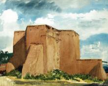 Morris Atkinson Blackburn, "Rancho de Taos Church", watercolor on paper, c. 1950