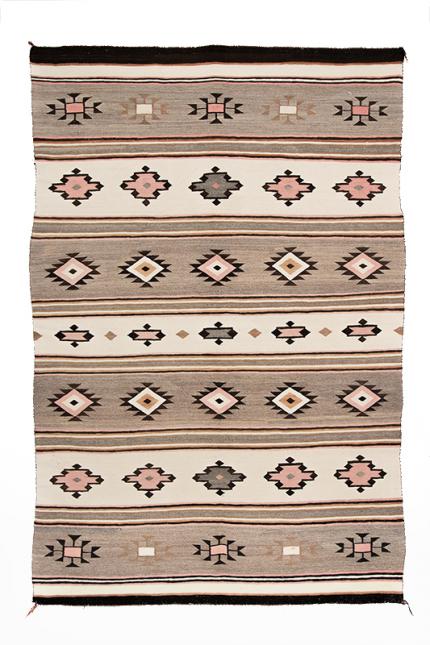 Navajo Chinle Regional Area Rug vintage 1930s New Mexico Arizona tan pink coral ivory white black brown