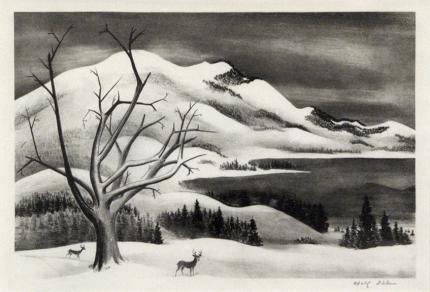 Adolf Arthur Dehn, "Deer and Snow Mountain, edition of 250", lithograph, c. 1949