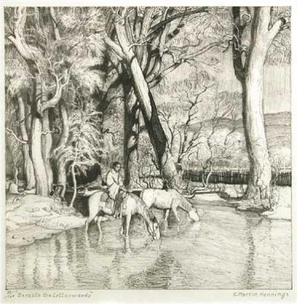 Ernest Martin Hennings, "Beneath the Cottonwoods, 33/100", lithograph, c. 1940