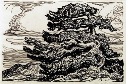 sandzén, Sven Birger Sandzen, "Trees at the Timberline, edition of 100", lithograph, 1923