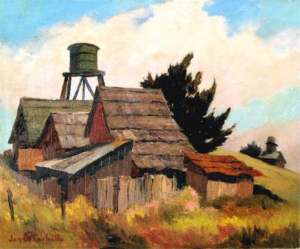 Jon Blanchette, "Water Towers of Mendocino (Northern California)", oil, circa  1955 painting fine art for sale purchase buy sell auction consign denver colorado art gallery museum       