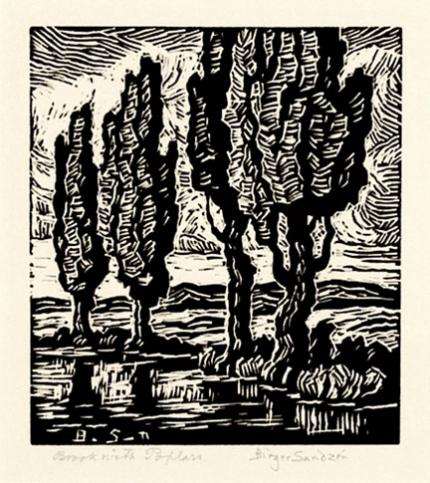 Sven Birger Sandzen, "Brook with Poplars", linoleum cut, 1932