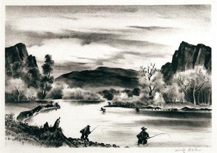 Adolf Arthur Dehn, "Fishing In Colorado", lithograph, c. 1940